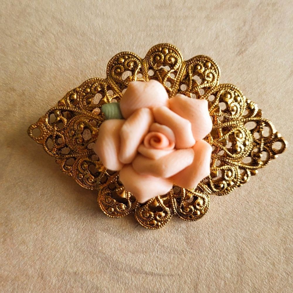 Vintage 1928 Brand Gold Tone Art Nouveau Brooch with Porcelain Pink Rose